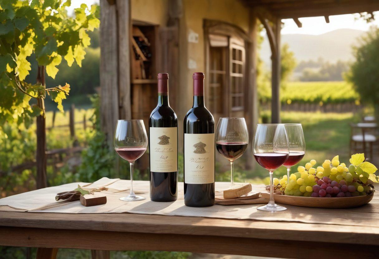 A beautifully arranged wooden table set in a vineyard, showcasing a selection of artisan wine bottles with vintage labels, surrounded by rustic wine glasses catching the golden sunlight. In the background, lush grapevines stretch across rolling hills, and a quaint winery building can be seen. The scene evokes a sense of luxury and exploration, inviting readers to indulge in the intricate world of wine. super-realistic. vibrant colors. natural lighting.