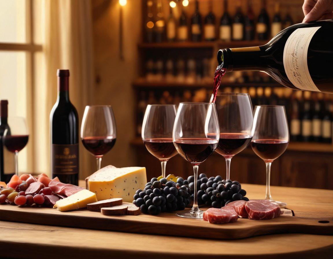 A sophisticated sommelier elegantly pouring a glass of fine red wine, surrounded by various high-quality artisan wine bottles, rustic wooden table, soft golden lighting casting shadows, delicate wine glasses reflecting light, hints of gourmet cheese and charcuterie in the background. super-realistic. warm tones. elegant atmosphere.