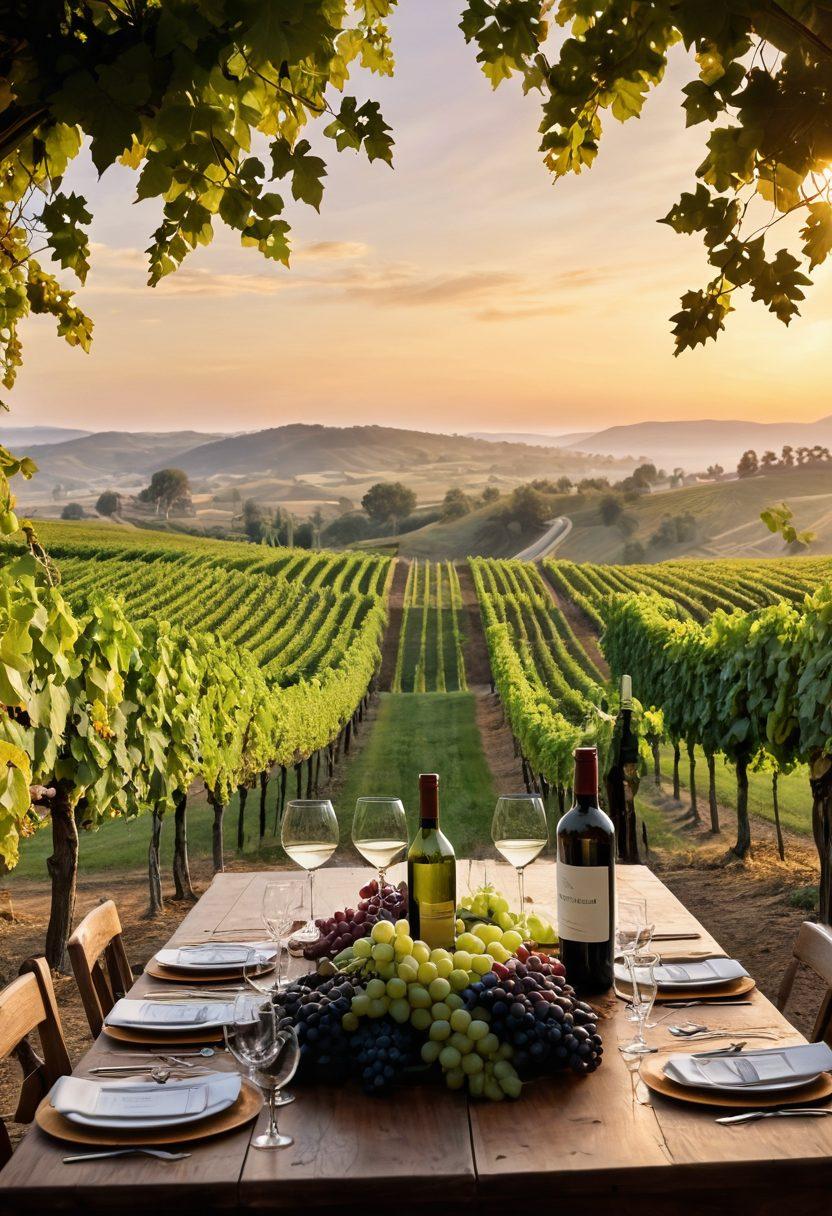 A picturesque vineyard at sunset, with rows of lush grapevines stretching into the horizon. In the foreground, a beautifully arranged wine tasting table with an elegant bottle of vintage wine, crystal glasses, and cheese platters. A couple savors the wine, their silhouettes against the golden sky, creating an inviting and immersive atmosphere. The scene is enriched with swirling grape leaves and a distant rustic winery. super-realistic. vibrant colors. warm tones.